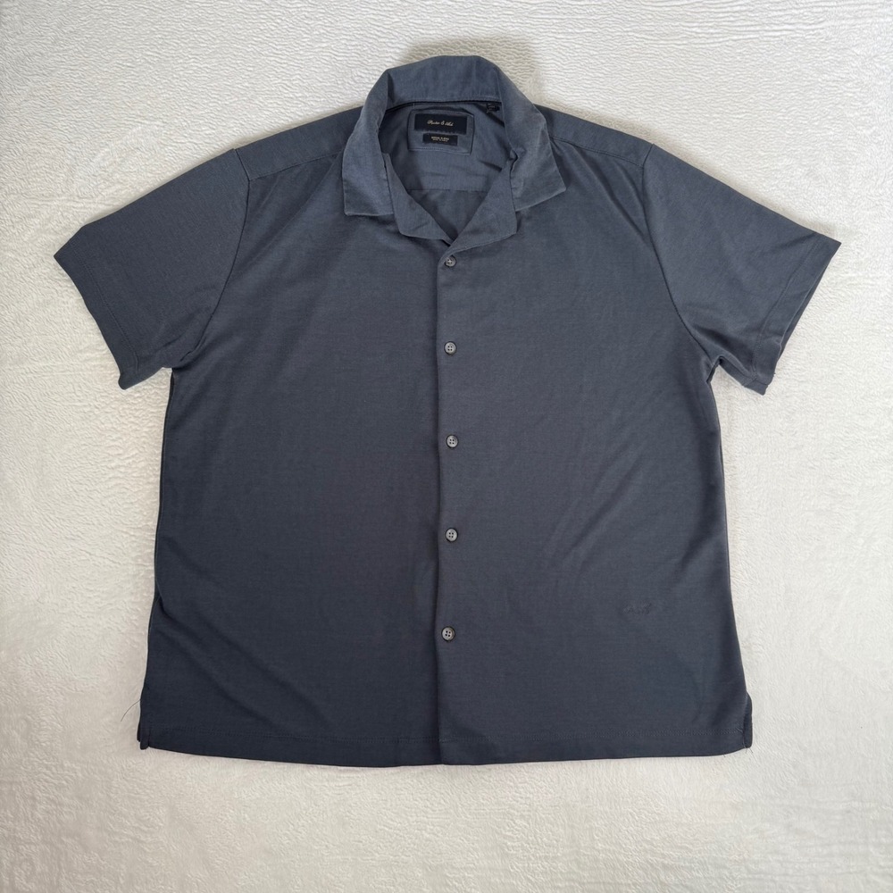 Porter & Ash Shirt Mens L Blue Grey Modal Blend Short Sleeve Camp Collar Casual